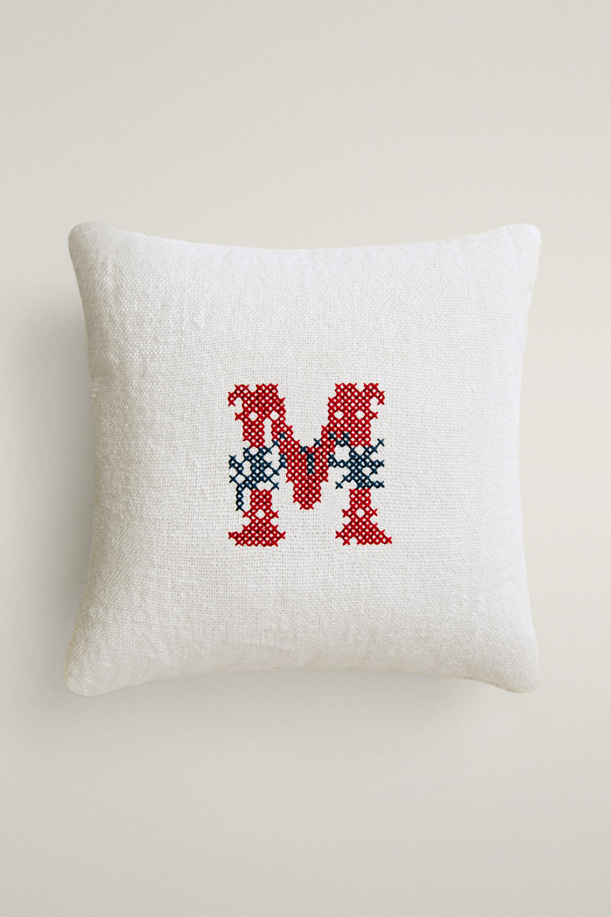 LETTER M EMBROIDERED LINEN CUSHION